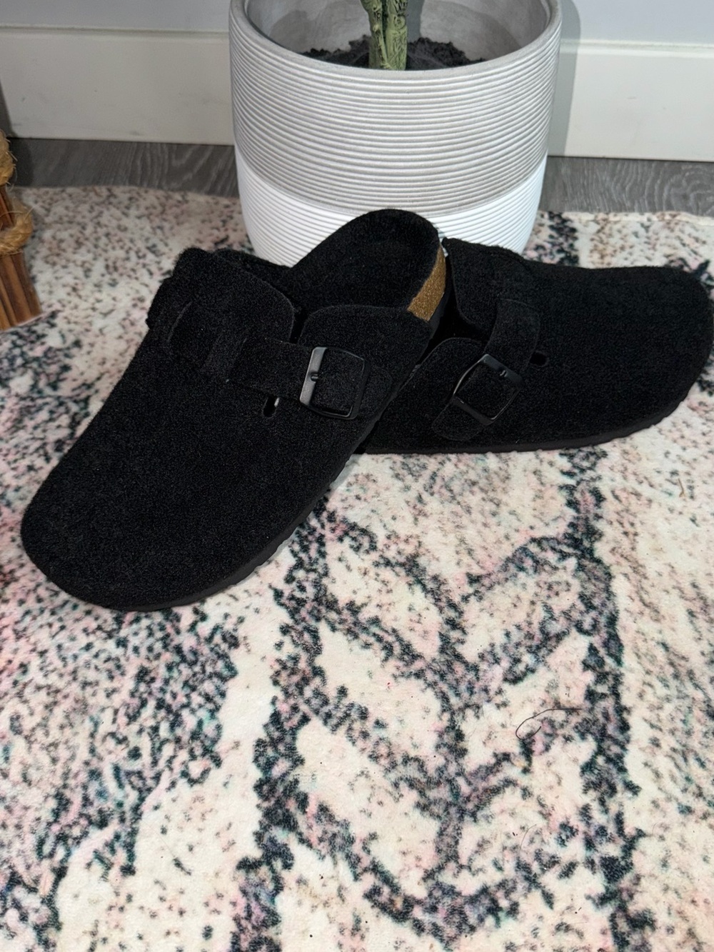Black Suede Slip-On Mule with Buckle